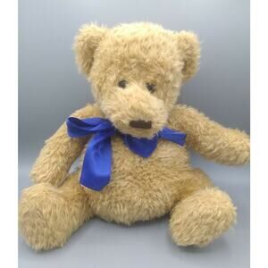 Vintage Gund Teddy Bear Plush  Brown Stuffed Animal Blue Satin Bow Shelf Sitter